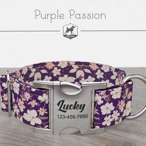 Personalized Wide Dog Collar 1, 1.5, 2 inch, Spring, Floral Pattern,  Purple White and Pink, Purple Passion, Quick Release Metal Buckle