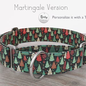 Christmas Trees Dog Collar, Regular/Martingale, Handmade, Wide  1, 1.5, 2 inch, Holiday Pines, Quick Release Metal Buckle