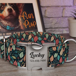 Personalized Wide Dog Collar 1, 1.5, 2 inch, Fall, Autumn, Leaf Pattern, Green Orange Color, Leafy Delight, Quick Release Metal Buckle