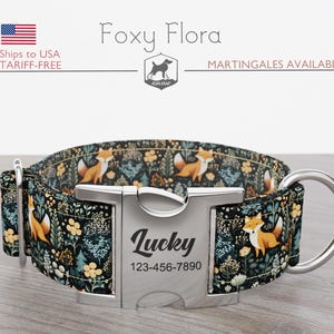 Fox Pattern, Handmade Wide Dog Collar, Regular/Martingale, 1, 1.5, 2 inch, Foxy Flora, Quick Release Metal Buckle