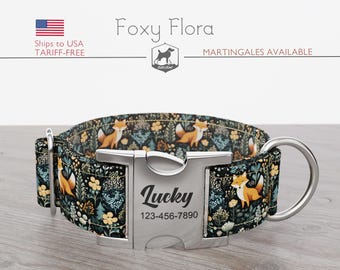 Fox Pattern, Handmade Wide Dog Collar, Regular/Martingale, 1, 1.5, 2 inch, Foxy Flora, Quick Release Metal Buckle
