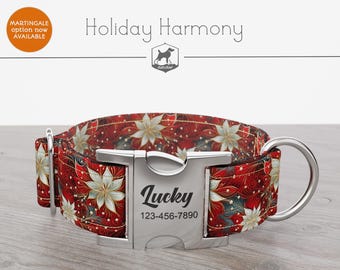 Christmas Dog Collar, Regular/Martingale, Poinsettia, Handmade, Wide  1, 1.5, 2 inch, Holiday Harmony, Quick Release Metal Buckle