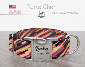 Personalized Dog Collar, Abstract Pattern, Brown and Red Pet Collar, Rustic Chic, Quick Release Metal Buckle