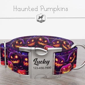 Personalized Wide Dog Collar 1, 1.5, 2 inch, Halloween, Pumpkin Pattern, Purple Orange Color, Haunted Pumpkins, Quick Release Metal Buckle