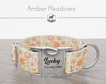 Personalized Wide Dog Collar 1, 1.5, 2 inch, Floral Pattern, Whimsy Floral Boho, Beige Orange, Amber Meadows, Quick Release Metal Buckle