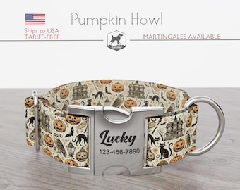 Halloween Dog Collar, Regular/Martingale, Haunted House Pattern, Handmade, Wide  1, 1.5, 2 inch, Pumpkin Howl, Quick Release Metal Buckle