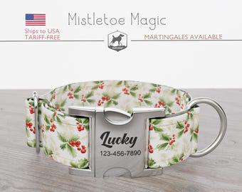 Christmas Dog Collar, Mistletoe, Regular/Martingale, Handmade, Wide  1, 1.5, 2 inch, Mistletoe Magic, Quick Release Metal Buckle