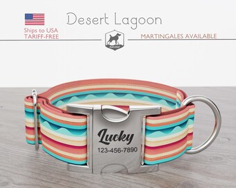 Personalized Dog Collar, Abstract Pattern, Blue and Orange  Pet Collar,  Desert Lagoon, Quick Release Metal Buckle