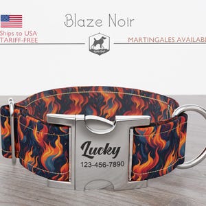Hundhalsband med eldflammor, normalt/Martingale, handgjort, brett 1, 1,5, 2 tum, Blaze Noir, snabbspänne i metall