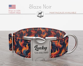 Fire Flames Pattern Dog Collar, Regular/Martingale, Handmade, Wide  1, 1.5, 2 inch, Blaze Noir, Quick Release Metal Buckle