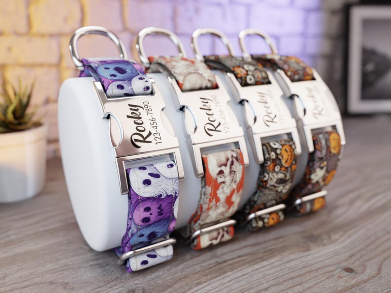 Halloween Dog Collar, Ghosts Pattern, Handmade, Wide 1, 1.5, 2 Inch