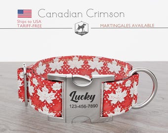Canada Day Maple Leaf Dog Collar, Regular/Martingale, Handmade, Wide  1, 1.5, 2 inch, Canadian Crimson, Quick Release Metal Buckle