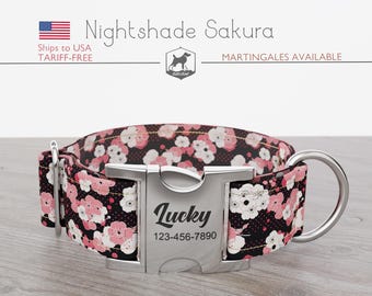 Personalized Wide Dog Collar 1, 1.5, 2 inch, Spring, Floral Pattern, Pink Black White Color, Nightshade Sakura, Quick Release Metal Buckle