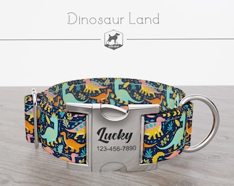 Personalized Wide Dog Collar 1, 1.5, 2 inch, Dinosaur Pattern, Multi-Color, Dinosaur Land, Quick Release Metal Buckle