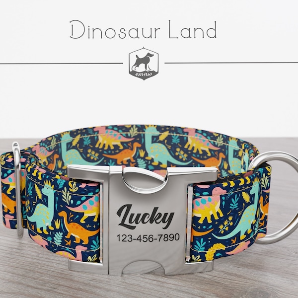 Personalized Wide Dog Collar 1, 1.5, 2 inch, Dinosaur Pattern, Multi-Color, Dinosaur Land, Quick Release Metal Buckle