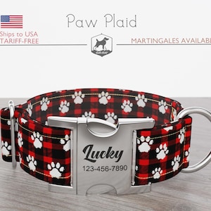 Collar navideño para perro, estilo regular/martingala, estampado a cuadros, estampado de patas, hecho a mano, ancho de 1, 1.5 y 2 pulgadas, estampado de patas a cuadros, hebilla metálica de liberación rápida.