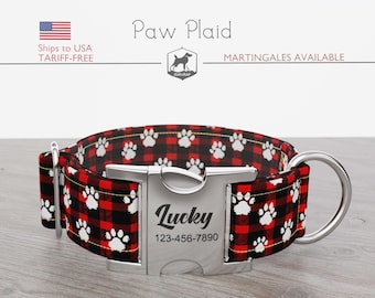 Christmas Dog Collar, Regular/Martingale, Plaid, Paw Print, Handmade, Wide  1, 1.5, 2 inch, Paw Plaid, Quick Release Metal Buckle