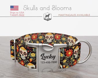 Halloween Dog Collar, Regular/Martingale, Sugar Skull Pattern, Handmade, Wide  1, 1.5, 2inch, Skulls and Blooms, Quick Release Metal Buckle