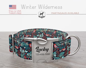 Winter Dog Collar, Winter Birds, Regular/Martingale, Handmade, Wide  1, 1.5, 2 inch, Winter Wilderness, Quick Release Metal Buckle