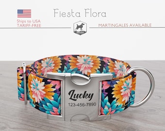 Floral Dog Collar, Summer, Regular/Martingale, Handmade, Wide  1, 1.5, 2 inch, Fiesta Flora, Quick Release Metal Buckle