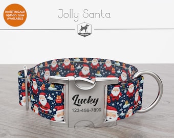 Christmas Dog Collar, Santa, Regular/Martingale, Handmade, Wide  1, 1.5, 2 inch, Jolly Santa, Quick Release Metal Buckle