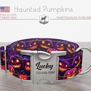 Halloween Dog Collar, Pumpkin Pattern, Handmade, Wide  1, 1.5, 2 inch, Regular/Martingale, Haunted Pumpkins, Quick Release Metal Buckle