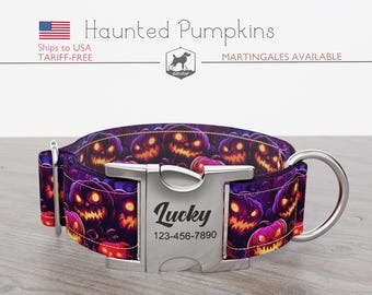 Halloween Dog Collar, Pumpkin Pattern, Handmade, Wide  1, 1.5, 2 inch, Regular/Martingale, Haunted Pumpkins, Quick Release Metal Buckle