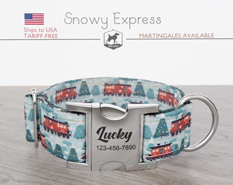 Christmas Dog Collar, Holiday Train, Regular/Martingale, Handmade, Wide  1, 1.5, 2 inch, Snowy Express, Quick Release Metal Buckle