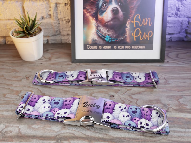 Halloween Dog Collar, Ghosts Pattern, Handmade, Wide 1, 1.5, 2 Inch