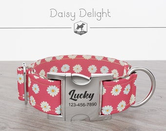 Personalized Wide Dog Collar 1, 1.5, 2 inch, Floral Pattern, Summer, Pink and White Color, Daisy Delight, Quick Release Metal Buckle