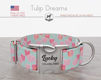 Personalized Wide Dog Collar 1, 1.5, 2 inch, Spring, Floral Pattern, Tulips, Mint Pink Color, Tulip Dreams, Quick Release Metal Buckle