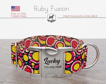 Personalized Wide Dog Collar 1, 1.5, 2 inch, Abstract Pattern, Pink Yellow Black Color, Ruby Fusion, Quick Release Metal Buckle