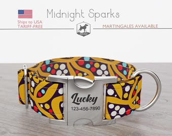 Personalized Wide Dog Collar 1, 1.5, 2 inch, Abstract Pattern, Black and Yellow Color, Midnight Sparks, Quick Release Metal Buckle
