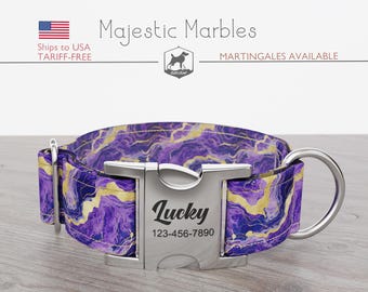 Marble Pattern Dog Collar, Regular/Martingale, Handmade, Wide  1, 1.5, 2 inch, Majestic Marbles, Quick Release Metal Buckle