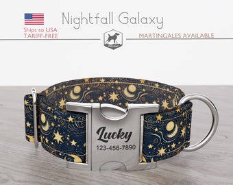 Celestial Dog Collar, Regular/Martingale, Handmade, Wide  1, 1.5, 2 inch, Nightfall Galaxy, Quick Release Metal Buckle