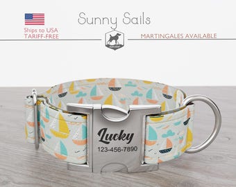 Boats Dog Collar, Summer, Regular/Martingale, Handmade, Wide  1, 1.5, 2 inch, Sunny Sails, Quick Release Metal Buckle