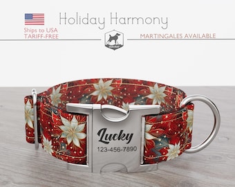 Christmas Dog Collar, Regular/Martingale, Poinsettia, Handmade, Wide  1, 1.5, 2 inch, Holiday Harmony, Quick Release Metal Buckle