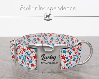 Personalized Wide Dog Collar 1, 1.5, 2 inch, Independence Day, Stars, Blue Red and White, Stellar Independence, Quick Release Metal Buckle