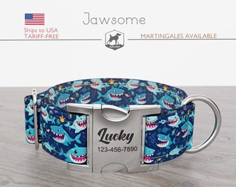 Shark Dog Collar, Regular/Martingale, Handmade, Wide  1, 1.5, 2 inch, Jawsome, Quick Release Metal Buckle