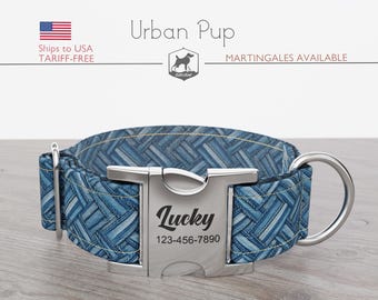 Abstract Dog Collar, Jeans Looking, Regular/Martingale, Handmade, Wide  1, 1.5, 2 inch, Urban Pup, Quick Release Metal Buckle