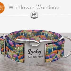 Spring Dog Collar, Floral, Landscape, Regular/Martingale, Handmade, Wide  1, 1.5, 2 inch, Wildflower Wanderer, Quick Release Metal Buckle