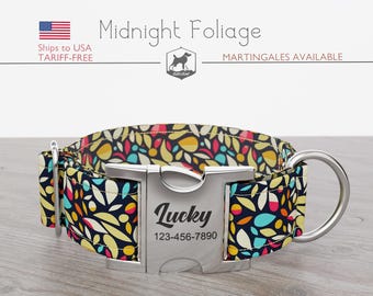 Personalized Dog Collar,  Leaf Pattern,  Black and Multi-Color, Pet Collar, Midnight Foliage, Quick Release Metal Buckle