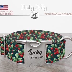 Christmas Dog Collar, Berries, Regular/Martingale, Handmade, Wide  1, 1.5, 2 inch, Holly Jolly, Quick Release Metal Buckle