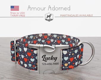 Valentine's Day Hearts Pattern Dog Collar, Regular/Martingale, Handmade, Wide  1, 1.5, 2 inch, Amour Adorned, Quick Release Metal Buckle