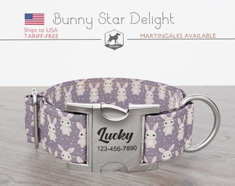 Easter Designer Wide Dog Collar 1, 1.5, 2 inch, Bunny Pattern, Bunny Star Delight , Quick Release Metal Buckle