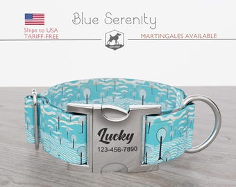 Personalized Wide Dog Collar 1, 1.5, 2 inch, Tree Pattern, Blue White Color, Blue Serenity, Quick Release Metal Buckle