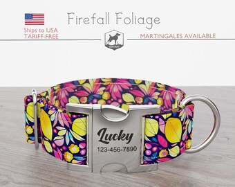 Leaves Pattern Dog Collar, Regular/Martingale, Handmade, Wide  1, 1.5, 2 inch, Firefall Foliage, Quick Release Metal Buckle