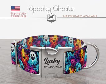 Halloween Dog Collar, Regular/Martingale, Ghosts Pattern, Handmade, Wide  1, 1.5, 2 inch, Spooky Ghosts, Quick Release Metal Buckle