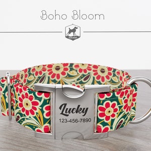 Personalized Dog Collar, Floral Pattern, Fall, Green Red Colors, Boho Bloom, Quick Release Metal Buckle, Whimsy Floral Boho