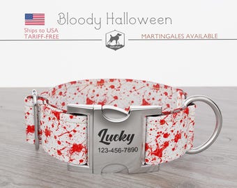 Collar para perro de Halloween, regular/martingala, con manchas de sangre, hecho a mano, ancho de 2,5 cm, 3,8 cm y 5 cm, con hebilla metálica de liberación rápida.